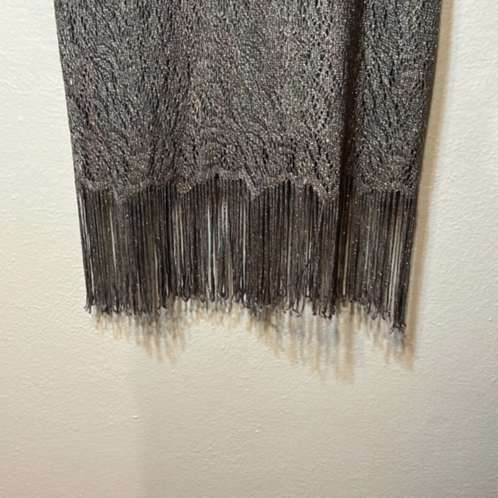 Vintage Be Smart Gray‎ Sheath Dress Crocheted With Gold Shimmer Lace Fringe - Picture 3 of 9